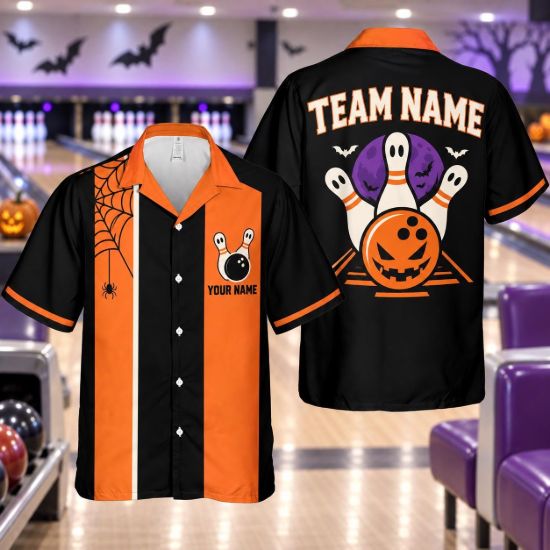 Picture of Personalized Halloween Bowling Shirt, Custom Name Team Bowling Shirt, Pumpkin Ghost Bowling Button Up, Halloween Bowler Gift Shirt