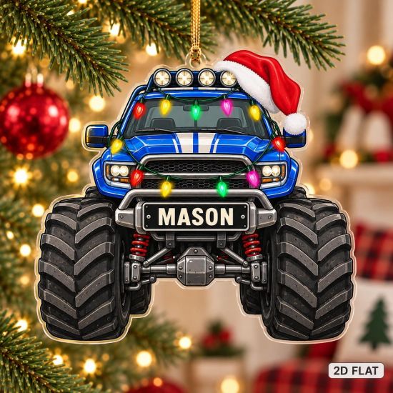 Picture of Personalized Monster Truck Christmas Ornament, Custom Name Truck Ornament, Kids Xmas Gift, Off Road Truck Lover Gift, 2D Flat Holiday Decor