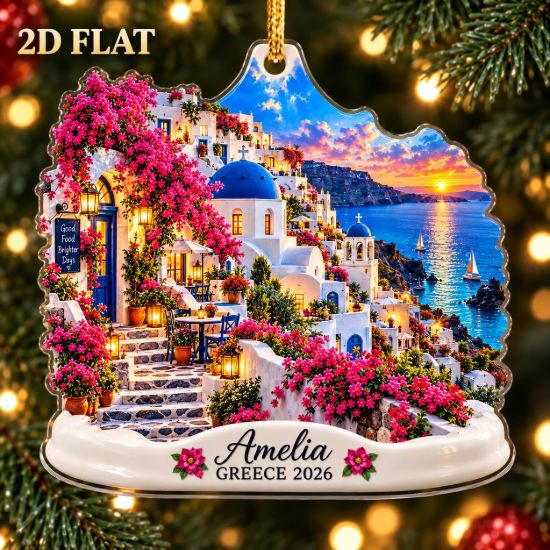 Picture of Personalized Greece Christmas Ornament, Santorini Travel Ornament, Custom Name Greece 2026 Keepsake, Greek Vacation Gift, 2D Flat Ornament