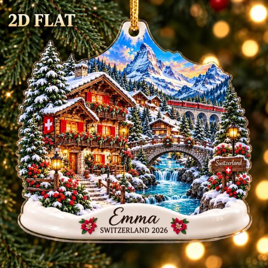Picture of Personalized Switzerland Christmas Ornament, Swiss Alps Travel Keepsake, Custom Name Vacation Ornament, Switzerland Trip Gift, 2D Flat Decor