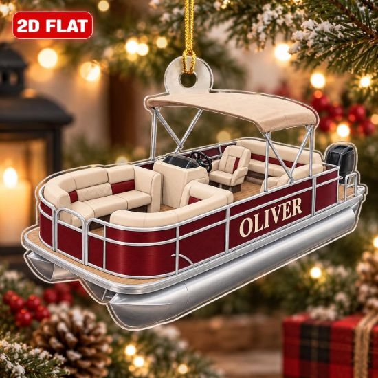 Picture of Personalized Pontoon Boat Christmas Ornament, Custom Name Boating Gift, Boat Owner Gift, Lake House Ornament, 2D Flat Christmas Decor 2026