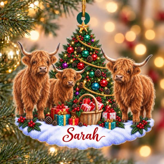 Picture of Personalized Highland Cow Christmas Ornament, Custom Name Cow Ornament, Highland Cattle Gift, Farmhouse Christmas Decor, 2D Flat Ornament