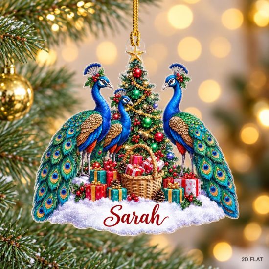 Picture of Personalized Peacock Christmas Ornament, Custom Name Peacock Gift, Bird Lover Ornament, Colorful Holiday Keepsake, 2D Flat Christmas Decor