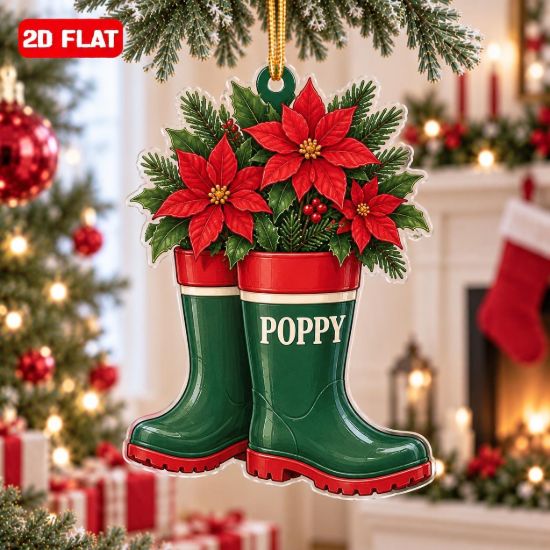 Picture of Personalized Poinsettia Christmas Ornament, Custom Name Rain Boots Ornament, Gardener Gift, Flower Lover Christmas Gift, 2D Flat Decor 2026