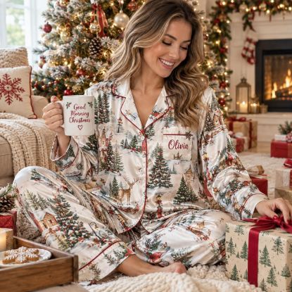 Picture of Personalized Christmas Satin Pajama Set for Women, Winter Village Holiday PJs, Custom Name Xmas Sleepwear, Christmas Gift for Her Shirt