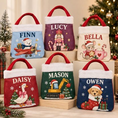 Picture of Personalized Christmas Reticule Bag, Custom Name Kids Holiday Gift Bag, Cute Animal Christmas Treat Bag, Christmas Eve Candy Bag for Kids
