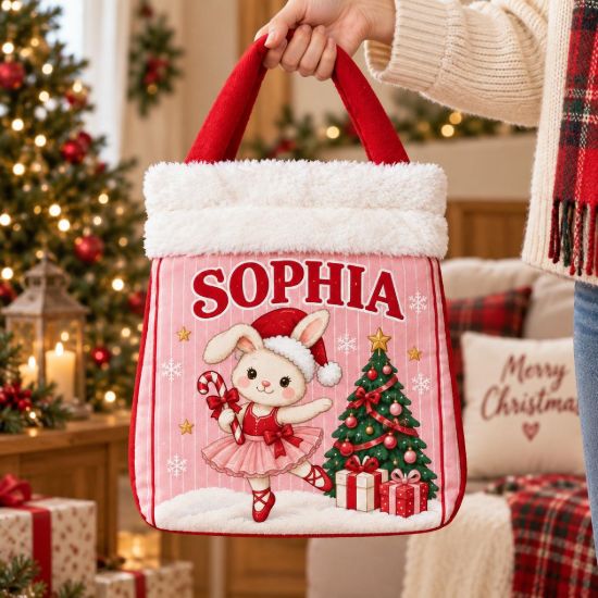 Picture of Personalized Christmas Bunny Reticule Bag, Custom Name Kids Holiday Gift Bag, Cute Rabbit Christmas Treat Bag, Pink Christmas Candy Bag