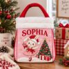 Picture of Personalized Christmas Bunny Reticule Bag, Custom Name Kids Holiday Gift Bag, Cute Rabbit Christmas Treat Bag, Pink Christmas Candy Bag