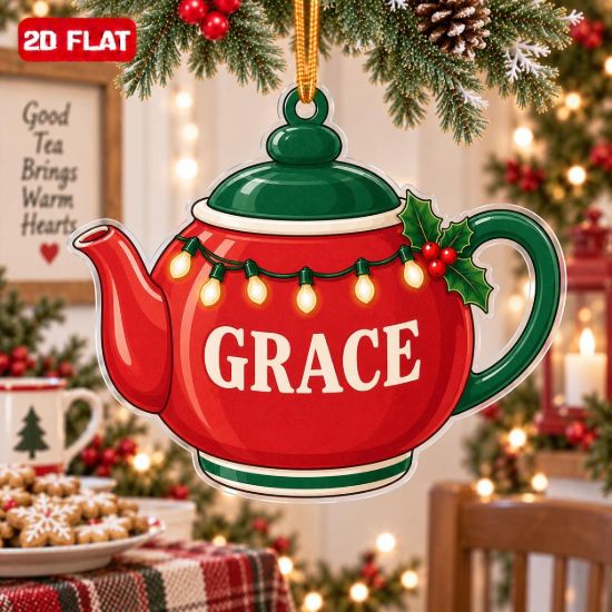 Picture of Personalized Teapot Christmas Ornament, Custom Name Tea Lover Gift, Tea Party Ornament, Kitchen Christmas Decor, 2D Flat Christmas Keepsake