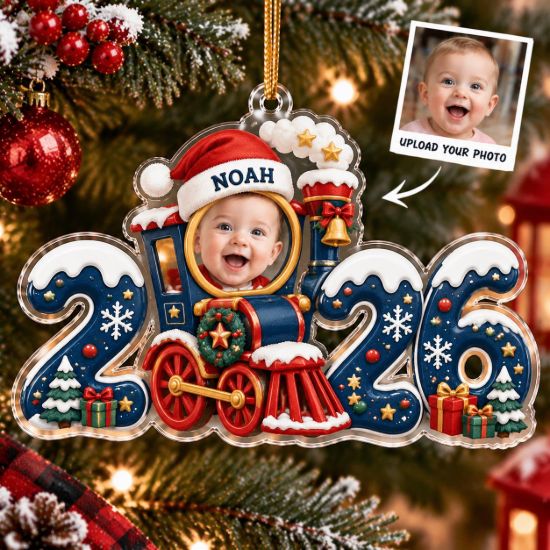 Picture of Personalized Baby Photo Christmas Ornament 2026, Custom Name Train Ornament, Baby First Christmas Gift, Newborn Photo Holiday Keepsake