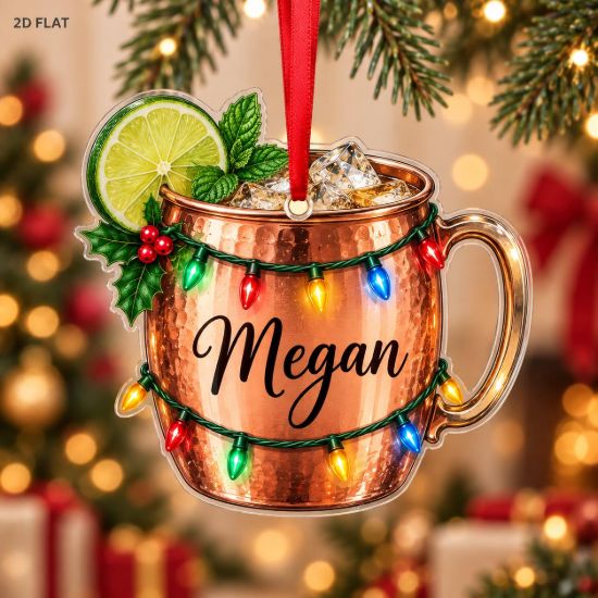 Picture of Personalized Moscow Mule Christmas Ornament, Custom Name Copper Mug Ornament, Cocktail Lover Gift, 2D Flat Holiday Bar Decor, Xmas Keepsake