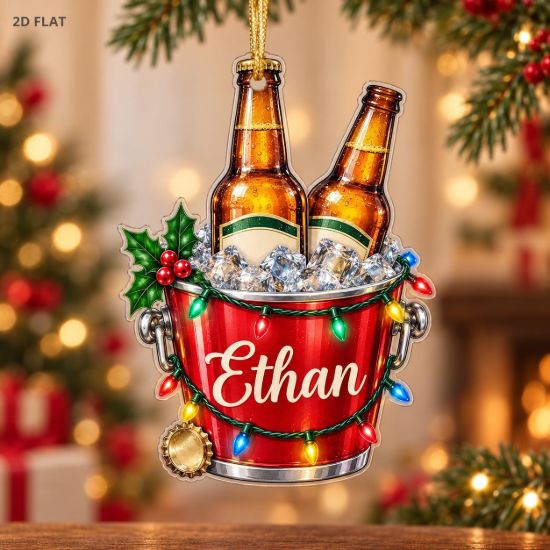 Picture of Personalized Beer Bucket Christmas Ornament, Custom Name Beer Lover Gift, 2D Flat Holiday Bar Decor, Husband Dad Groomsmen Keepsake Gift
