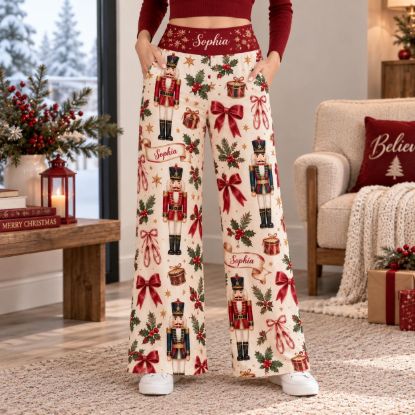 Picture of Personalized Nutcracker Christmas Wide Leg Pants, Custom Name Holiday Pants, Women’s Christmas Trousers, Ballet Xmas Gift for Her Christmas