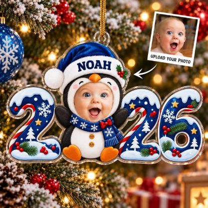 Picture of Personalized Baby Photo Christmas Ornament 2026, Custom Name Penguin Ornament, Baby First Christmas Gift, 2D Flat Christmas Holiday Keepsake