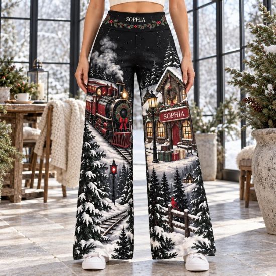 Picture of Personalized Christmas Wide Leg Pants, Custom Name Winter Train Pants, Women’s Holiday Palazzo Pants, Snowy Christmas Gift For Her