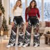 Picture of Personalized Christmas Wide Leg Pants, Custom Name Winter Train Pants, Women’s Holiday Palazzo Pants, Snowy Christmas Gift For Her