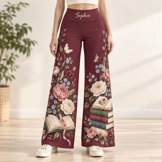 Picture of Personalized Book Lover Wide Leg Pants, Custom Name Floral Reading Pants, Bookish Gift for Her, Botanical High Waist Pants, Reader Gift