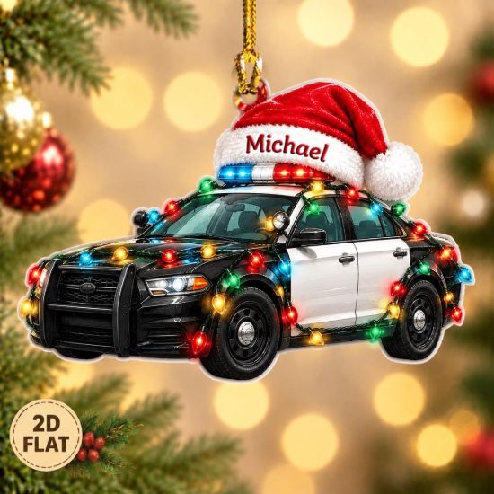 Picture of Personalized Police Officer Christmas Ornament, Custom Name Police Car Ornament, Law Enforcement Gift, 2D Flat Christmas Holiday Keepsake