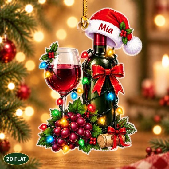Picture of Personalized Wine Christmas Ornament, Custom Name Wine Lover Gift, 2D Flat Wine Bottle & Glass Ornament, Christmas Holiday Keepsake Gift