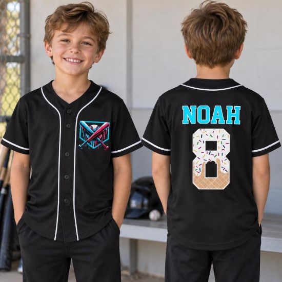 Picture of Personalized Baseball Drip Jersey, Custom Name Number Kids Baseball Shirt, Boy Birthday Jersey, Toddler Ice Cream Drip Baseball Team Shirt