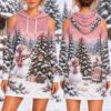 Picture of Personalized Pink Snowman Christmas Hoodie Dress, Custom Name Cold Shoulder Dress, Christmas Tree Winter Hoodie, Holiday Gift for Her