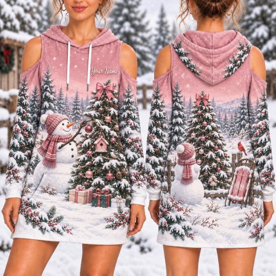 Picture of Personalized Pink Snowman Christmas Hoodie Dress, Custom Name Cold Shoulder Dress, Christmas Tree Winter Hoodie, Holiday Gift for Her