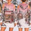 Picture of Personalized Pink Christmas Toy Shop Hoodie Dress, Custom Name Cold Shoulder Dress, Vintage Holiday Winter Hoodie, Christmas Gift for Her