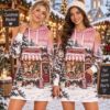 Picture of Personalized Pink Christmas Toy Shop Hoodie Dress, Custom Name Cold Shoulder Dress, Vintage Holiday Winter Hoodie, Christmas Gift for Her