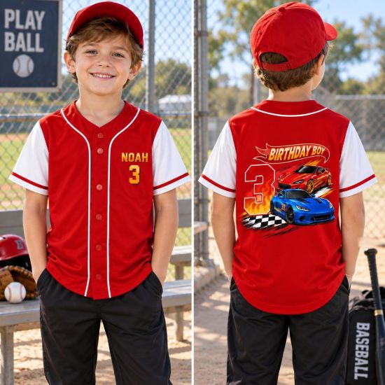 Picture of Personalized Race Car Birthday Baseball Jersey, Custom Name Age Racing Shirt, Birthday Boy Sports Jersey, Kids Car Birthday Party Gift