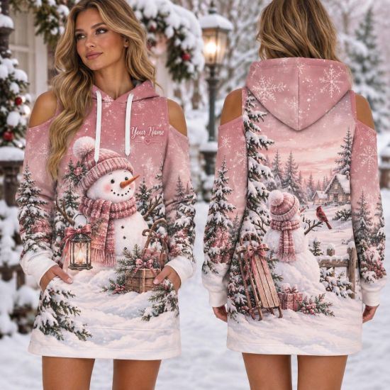 Picture of Personalized Pink Snowman Christmas Hoodie Dress, Custom Name Cold Shoulder Winter Dress, Snowy Holiday Hoodie, Christmas Gift for Her