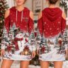 Picture of Personalized Red Snowman Christmas Hoodie Dress, Custom Cold Shoulder Winter Dress, Snowy Cottage Holiday Hoodie, Christmas Gift for Her