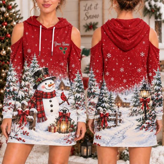 Picture of Personalized Red Snowman Christmas Hoodie Dress, Custom Cold Shoulder Winter Dress, Snowy Cottage Holiday Hoodie, Christmas Gift for Her