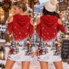 Picture of Personalized Red Snowman Christmas Hoodie Dress, Custom Cold Shoulder Winter Dress, Snowy Cottage Holiday Hoodie, Christmas Gift for Her
