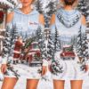 Picture of Personalized Santa Christmas Hoodie Dress, Custom Name Cold Shoulder Dress, Vintage Red Truck Winter Hoodie, Christmas Gift for Her