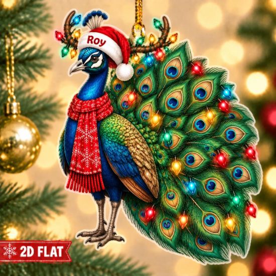 Picture of Personalized Peacock Christmas Ornament, Custom Name Peacock Ornament, Bird Lover Gift, 2D Flat Holiday Keepsake, Festive Animal Decor 2026