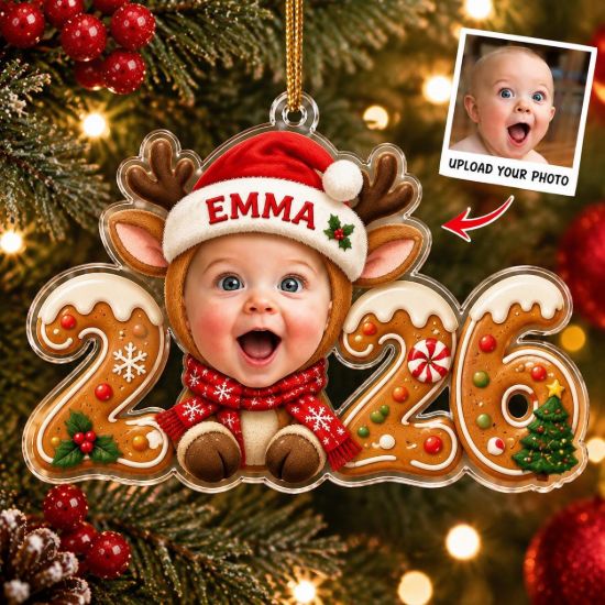 Picture of Personalized Baby Photo Christmas Ornament 2026, Custom Name Reindeer Ornament, Baby First Christmas Gift, 2D Flat Holiday Keepsake Gift