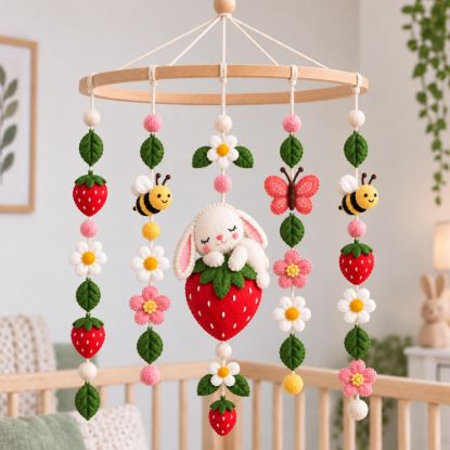 Picture of Strawberry Garden Baby Mobile, Felt Crib Mobile with Bunny Flowers, Whimsical Nursery Decor, Handmade Baby Room Hanging, Shower Gift