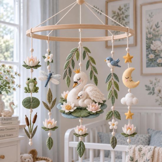 Picture of Swan Lake Baby Mobile, Handmade Felt Crib Mobile with Lotus Flowers and Birds, Botanical Nursery Decor,Elegant Baby Room Hanging,Shower Gift