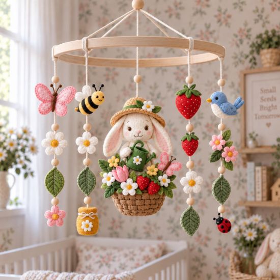 Picture of Bunny Garden Baby Mobile, Felt Crib Mobile with Strawberry Flowers and Butterfly, Handmade Nursery Decor, Baby Girl Room Hanging,Shower Gift