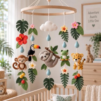 Picture of Jungle Safari Baby Mobile, Felt Crib Mobile with Sloth Monkey Leopard Animals, Tropical Nursery Decor,Handmade Baby Room Hanging,Shower Gift