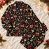 Picture of Custom Name Adult Christmas Pajama Set, Women’s Black Satin Holiday PJs, Champagne Cocktail Long Sleeve Sleepwear, Xmas Gift for Her