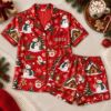 Picture of Custom Name Adult Christmas Pajama Set, Women’s Red Satin Snowman PJs, Short Sleeve Holiday Sleepwear, Festive Gift for Her Christmas Shirt