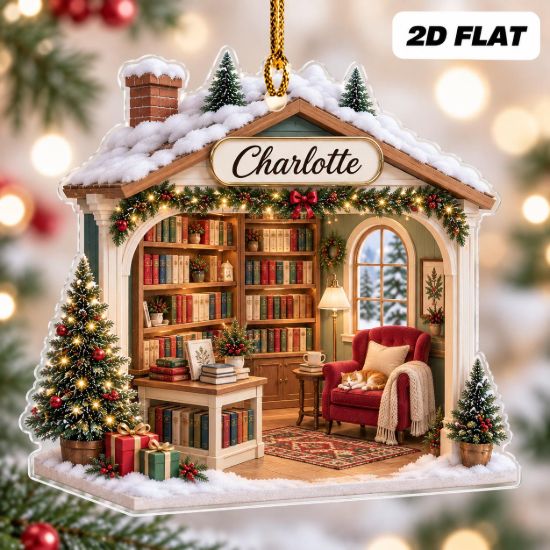 Picture of Personalized Book Lover Ornament, Custom Name Library Christmas Ornament, Reader Gift, Bookworm Keepsake, Cozy Reading 2D Flat Xmas Decor