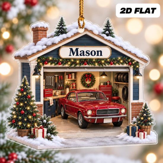Picture of Personalized Garage Ornament, Custom Name Classic Car Christmas Ornament, Car Lover Gift, Mechanic Gift, 2D Flat Christmas Holiday Decor