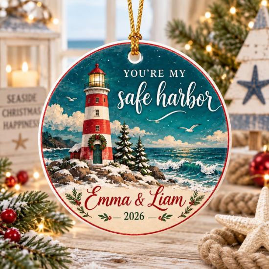 Picture of Personalized Lighthouse Couple Ornament, You’re My Safe Harbor Christmas Gift, Custom Names Coastal Ornament, Nautical Love Keepsake 2026