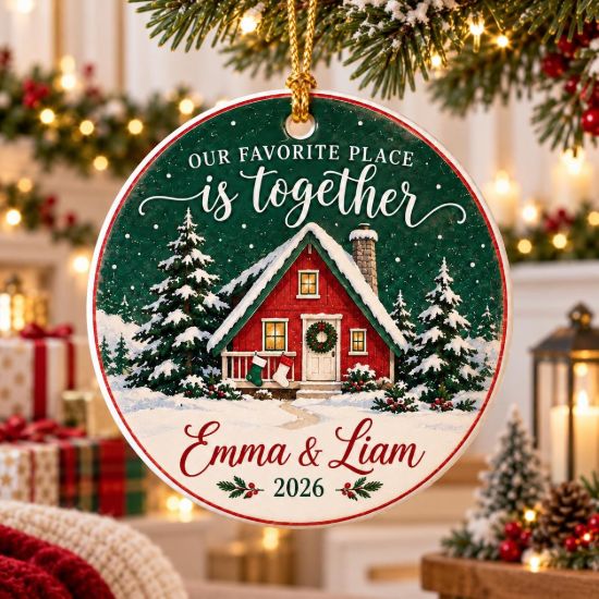 Picture of Personalized Couple Christmas Ornament, Our Favorite Place Is Together, Custom Names & Year, Winter Cabin Keepsake, 2D Flat Christmas Decor