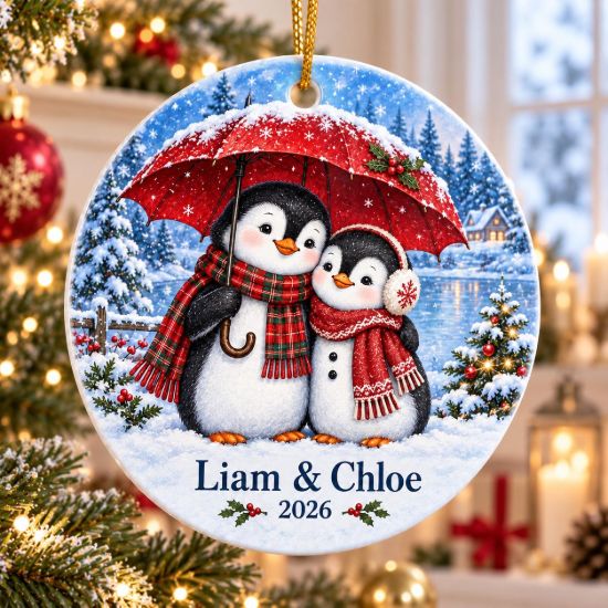 Picture of Personalized Penguin Couple Christmas Ornament, Custom Names 2026, Cute Winter Ornament, Romantic Couple Gift, Romantic Holiday Keepsake