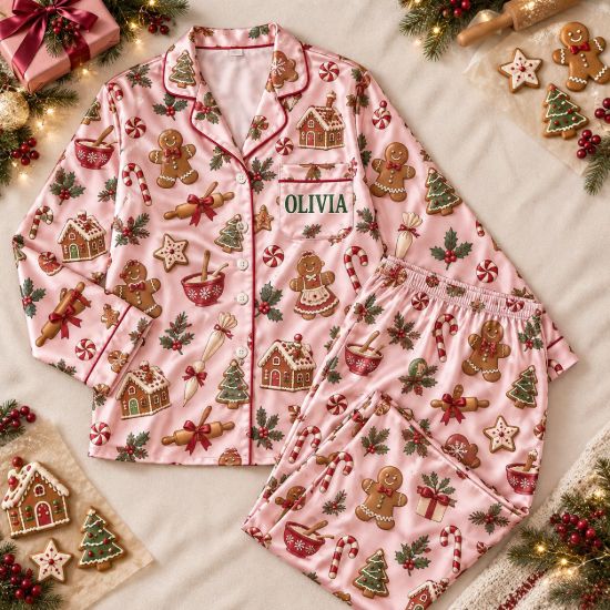Picture of Personalized Christmas Satin Pajamas for Women, Pink Gingerbread PJ Set, Custom Name Christmas Pajamas Set, Holiday Sleepwear Gift For Her