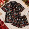 Picture of Personalized Christmas Satin Pajamas for Women, Black Christmas Train Short PJ Set, Custom Name Holiday Pajamas Set, Christmas Gift For Her