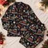 Picture of Personalized Christmas Satin Pajamas for Women, Black Christmas Train Short PJ Set, Custom Name Holiday Pajamas Set, Christmas Gift For Her